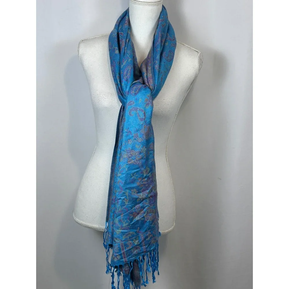 Blue Paisley Jacquard Pashmina Shawl Scarf Fringe Wrap Floral Print Boho
